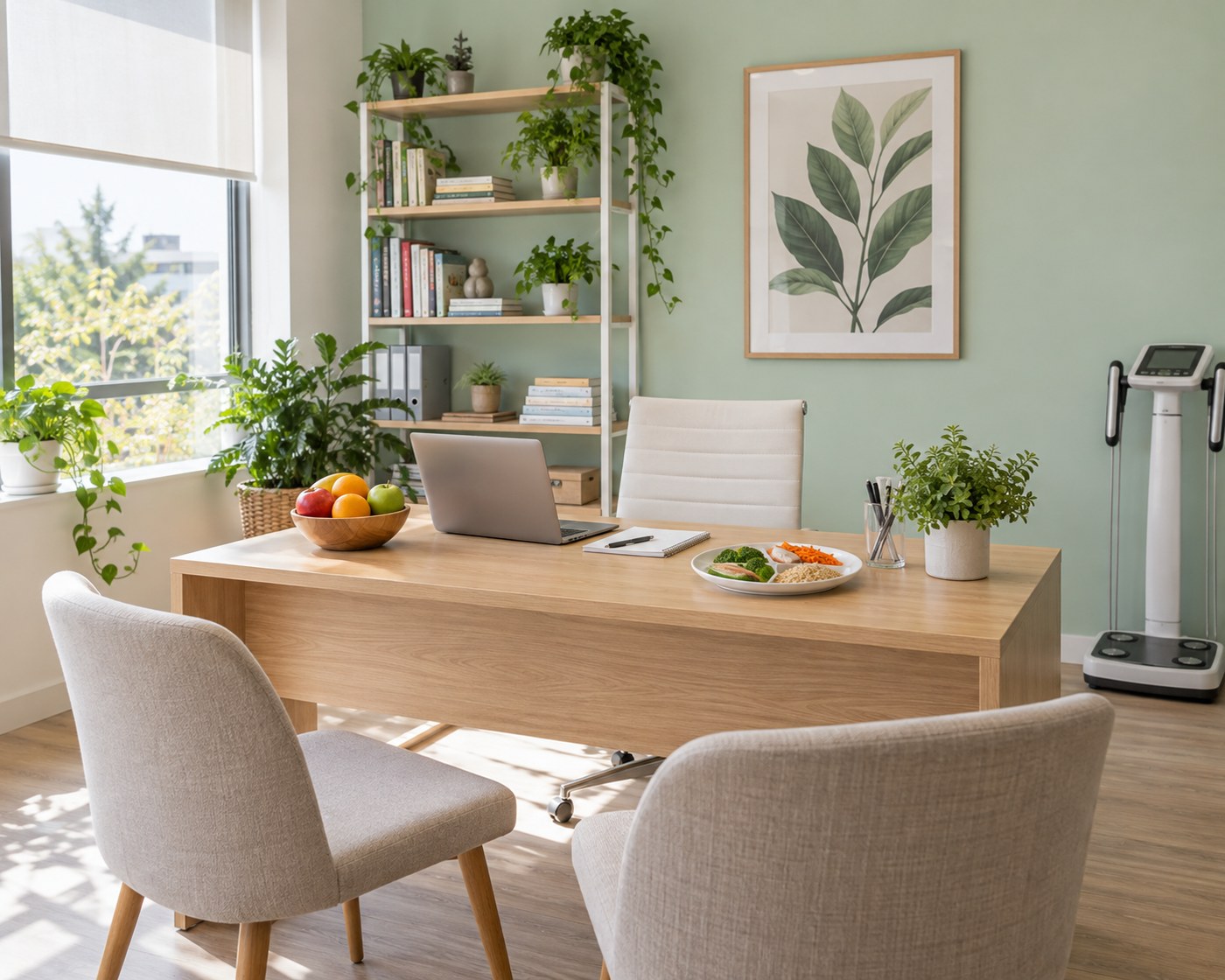 Mesa de atendimento com notebook, fruteira e guia alimentar em ambiente iluminado e acolhedor